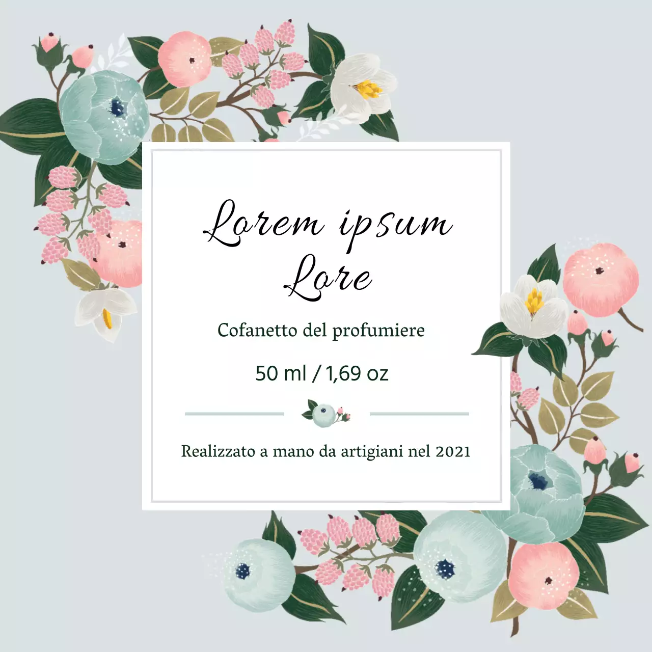 Etichetta di profumo vintage con illustrazione blu