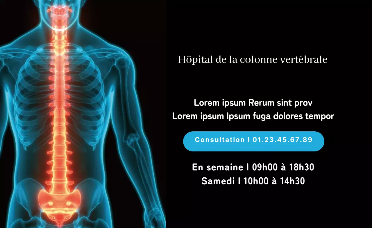 Illustration 3D en noir et bleu de la promotion d'un hôpital pour la colonne vertébrale