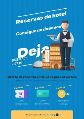 Promocione un evento de reserva de hotel para agentes de viajes con un personaje azul en 3D