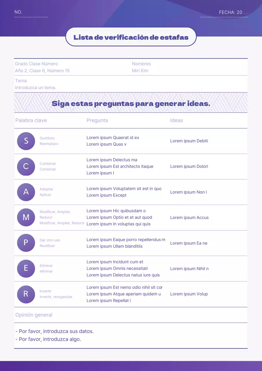 Concepto gráfico morado Lista de comprobación de técnicas de estafa