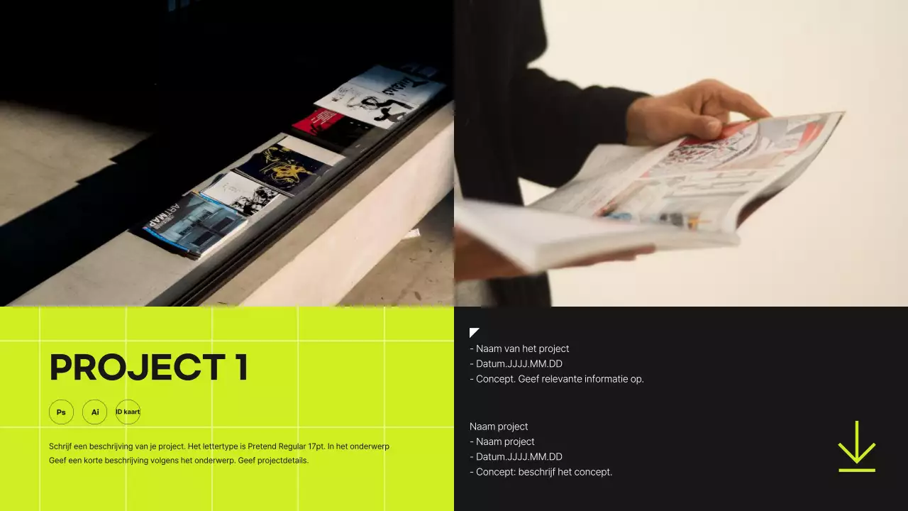 Raster concept designer portfolio in limoengroen en zwart