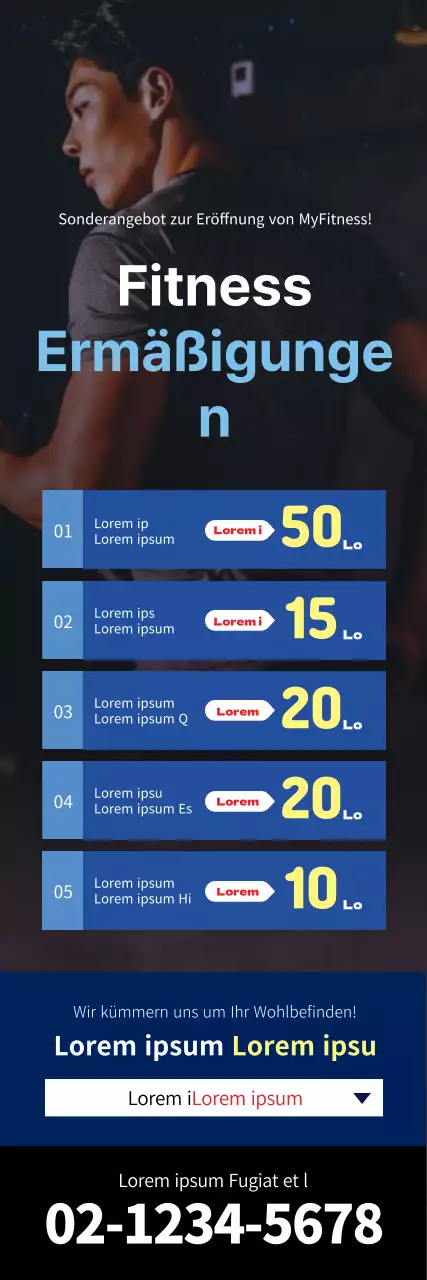 Blaues, kastenförmiges Fitnessstudio-Förderbanner