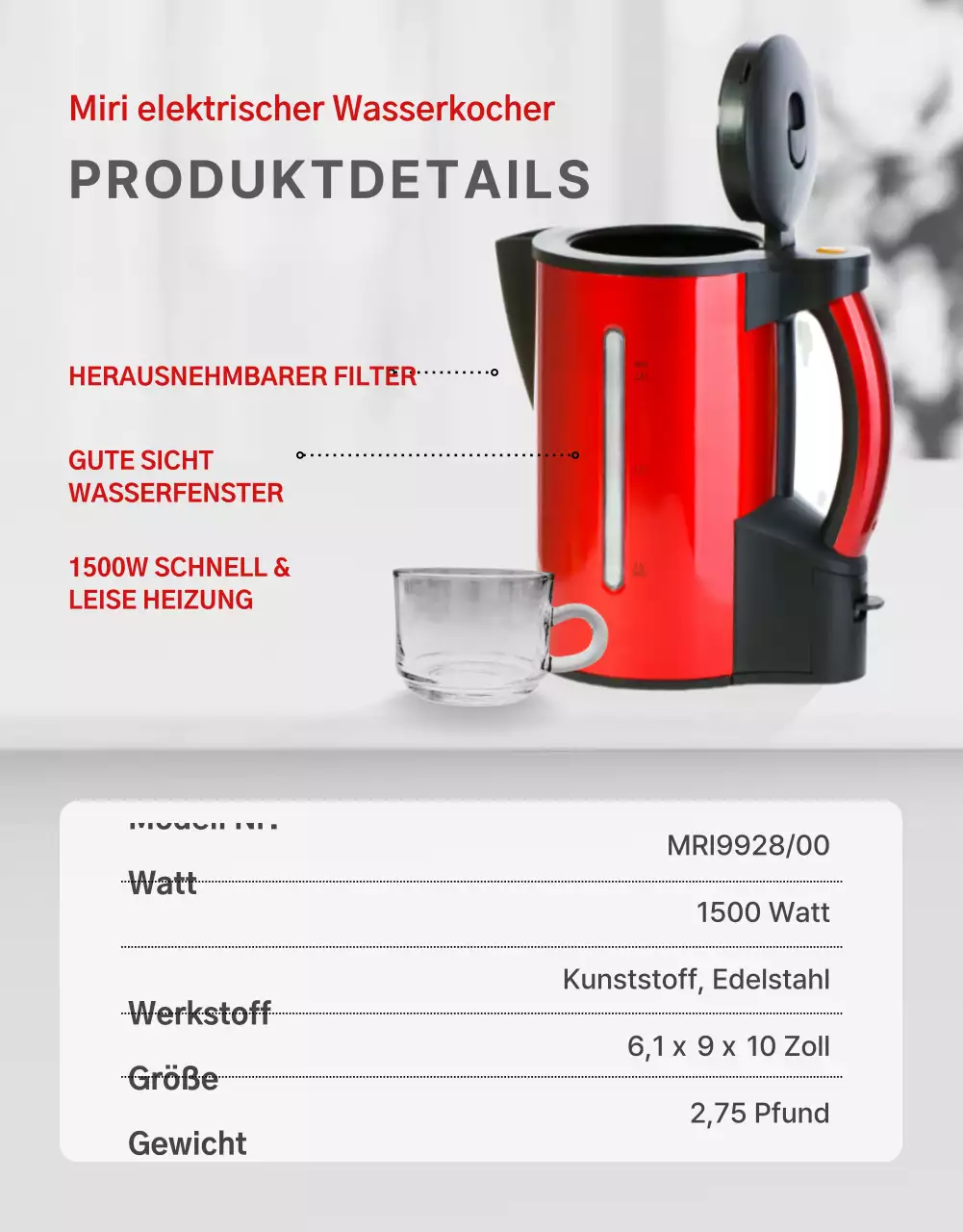 Einfacher elektrischer Wasserkocher in den Farben Rot und Grau