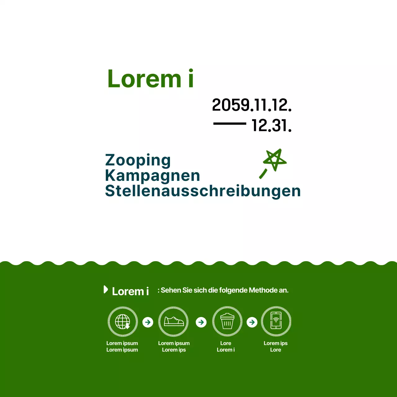 Eine einfache und niedliche Kampagne im Illustrationsstil in Marineblau und Grün.