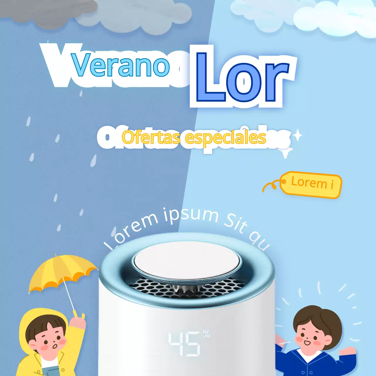 Evento de venta de deshumidificadores azules y amarillos para la temporada de lluvias