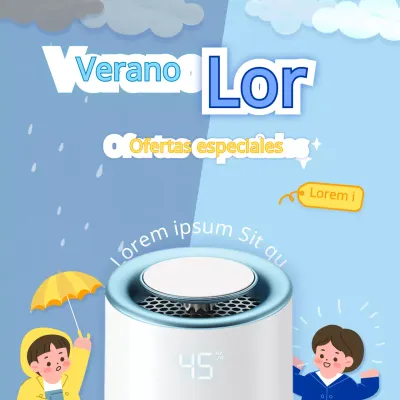 Evento de venta de deshumidificadores azules y amarillos para la temporada de lluvias