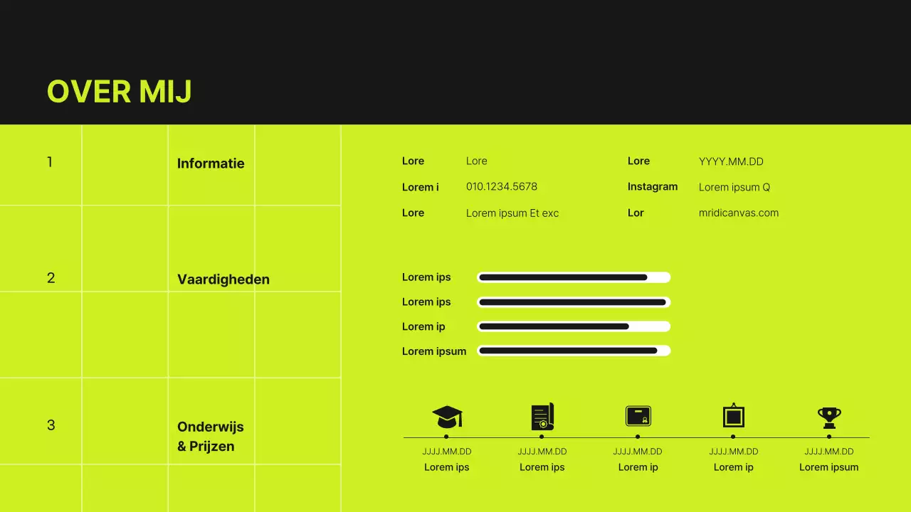 Raster concept designer portfolio in limoengroen en zwart