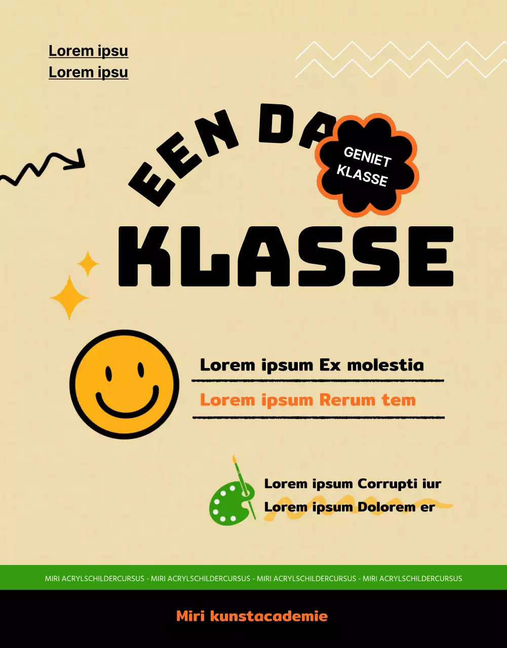 Aankondiging van een eendaagse kunstles met een vleugje beige en blauw