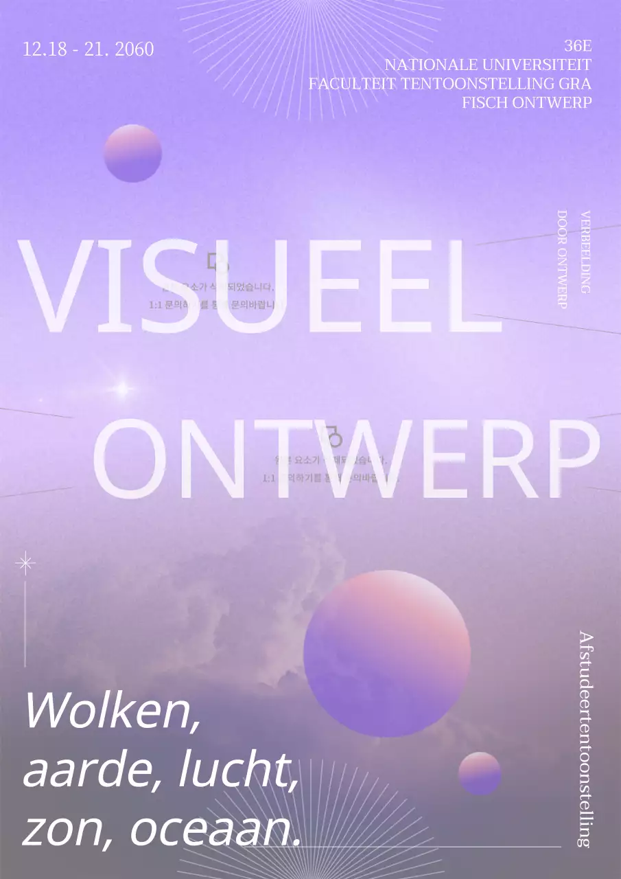 Afstudeerbeurs flyer met paarse cirkelvormige afbeelding en wolkenfoto