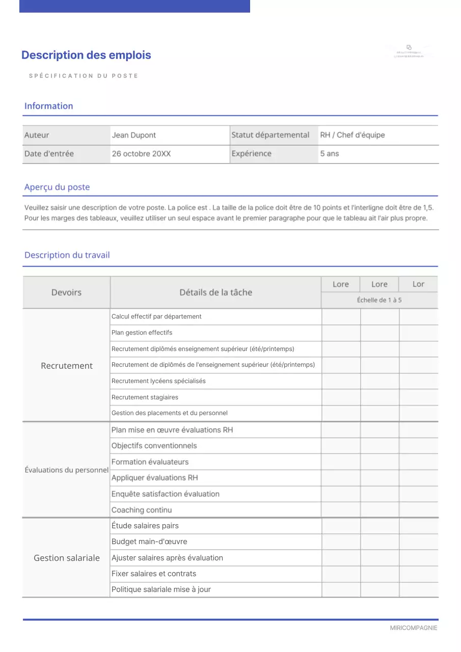 Description d'emploi simple en bleu marine et noir, avec emphase sur les lignes.