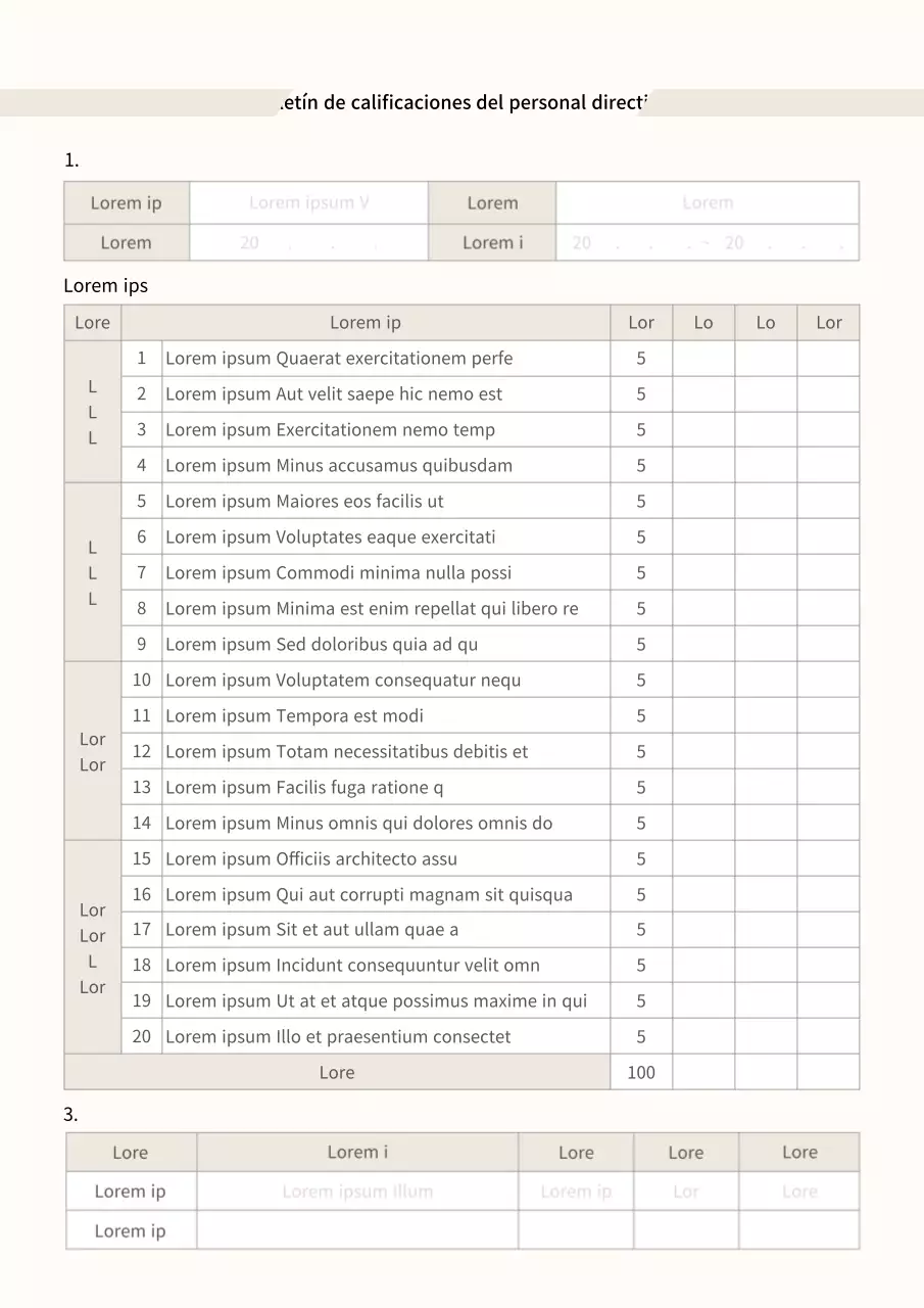Elementos de evaluación para la hoja beige de evaluación del rendimiento de los ejecutivos Hoja de evaluación de ascensos