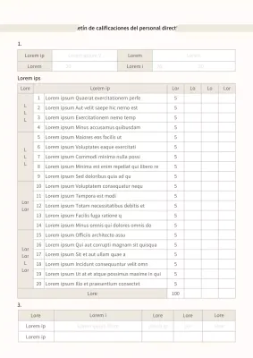 Elementos de evaluación para la hoja beige de evaluación del rendimiento de los ejecutivos Hoja de evaluación de ascensos