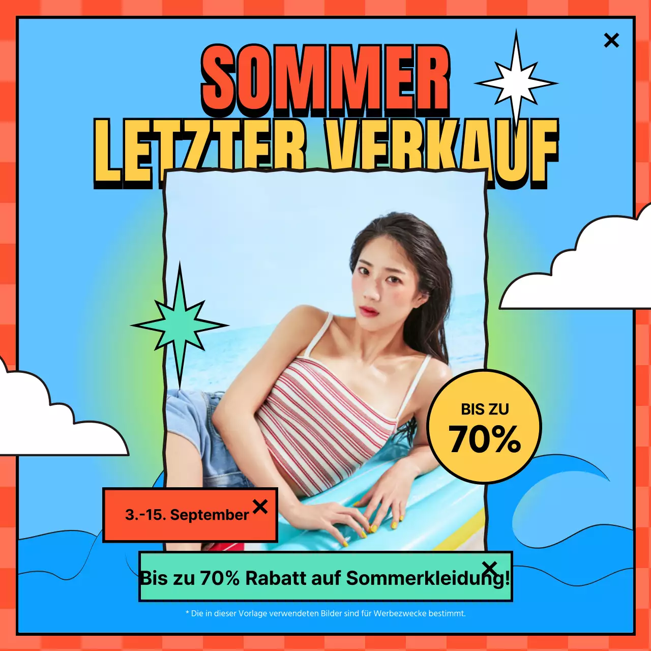 Last-Minute-Ausverkauf von farbenfroher Sommerkleidung mit Cartoon-Motiven