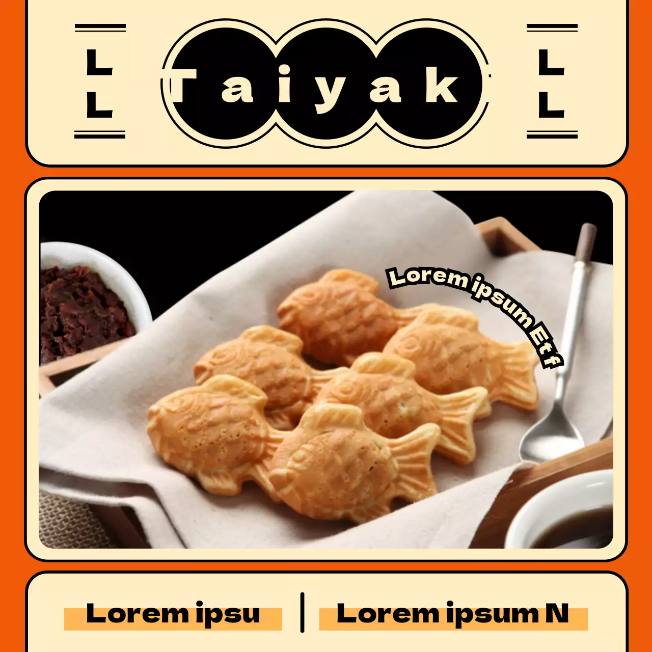 Anúncio de venda de taiyaki com fundo laranja e conceito retro