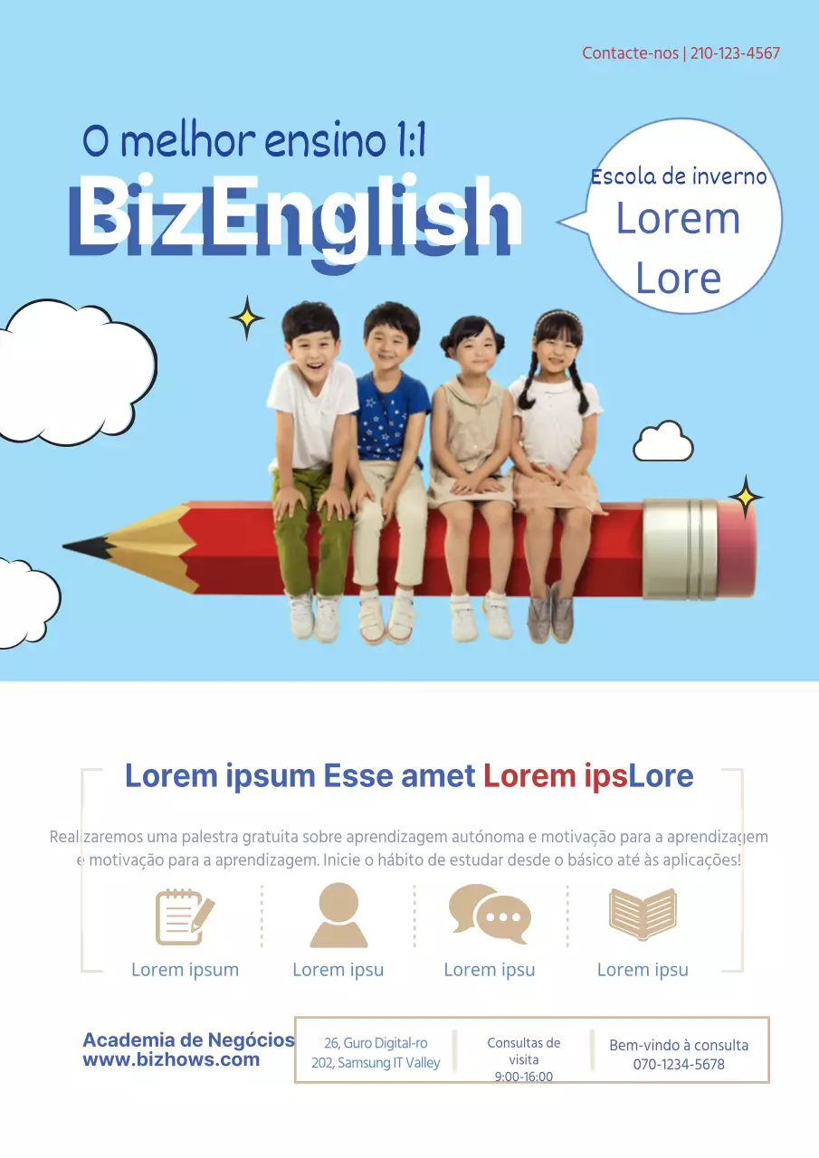 Folheto escolar simples em inglês, azul claro e branco