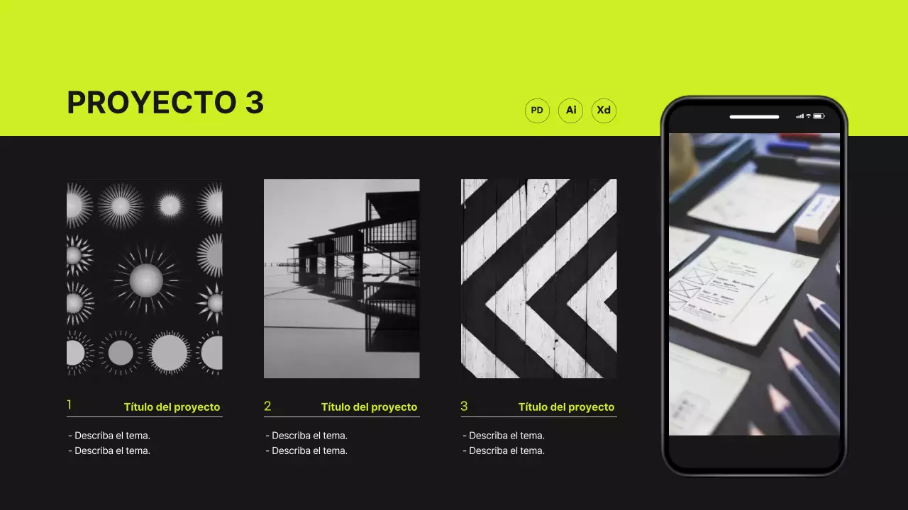 Portafolio de diseñador con concepto de cuadrícula en verde lima y negro