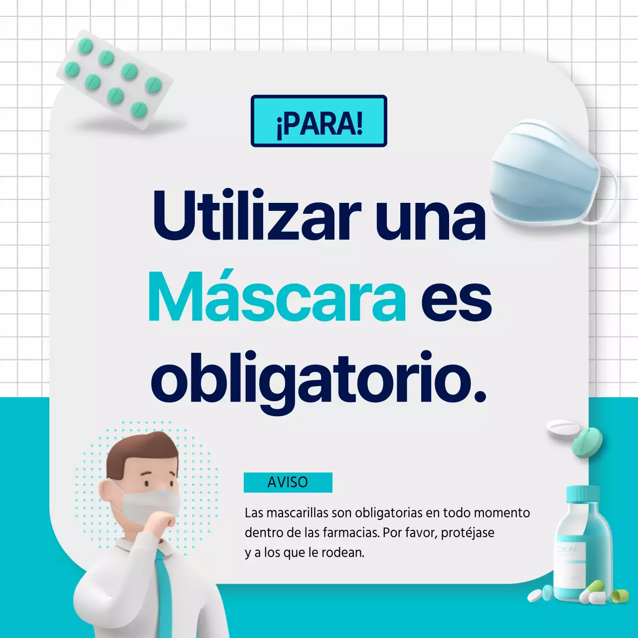Anuncio de farmacia con gráfico en 3D de una máscara color menta