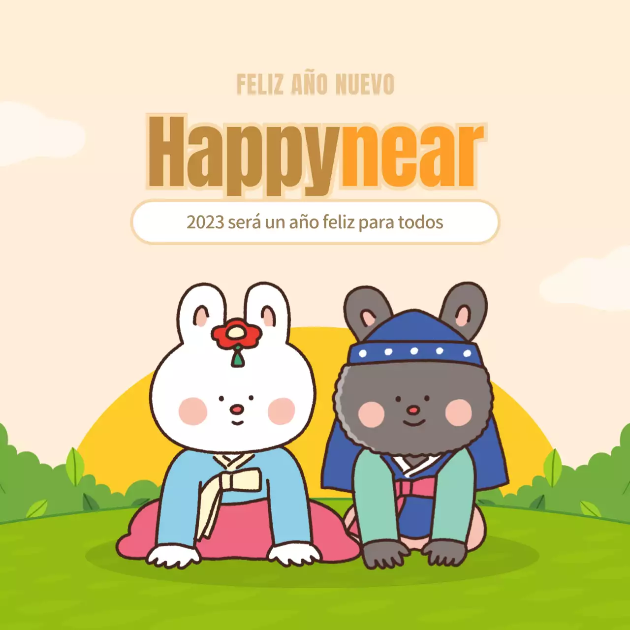 Felicitación de Año Nuevo de un simpático conejito en amarillo y verde