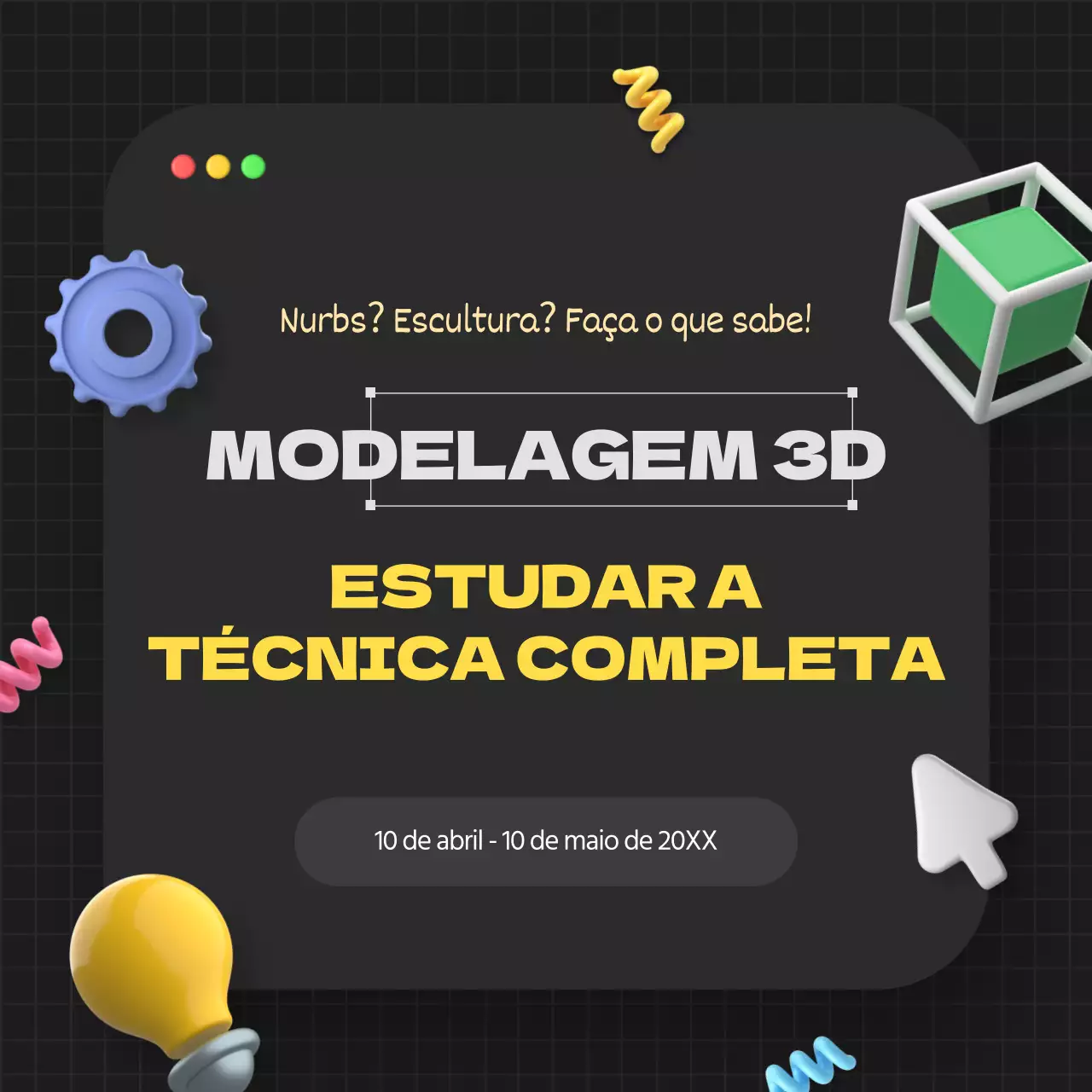 Anúncio de estudo de modelação 3D geométrica a preto e amarelo