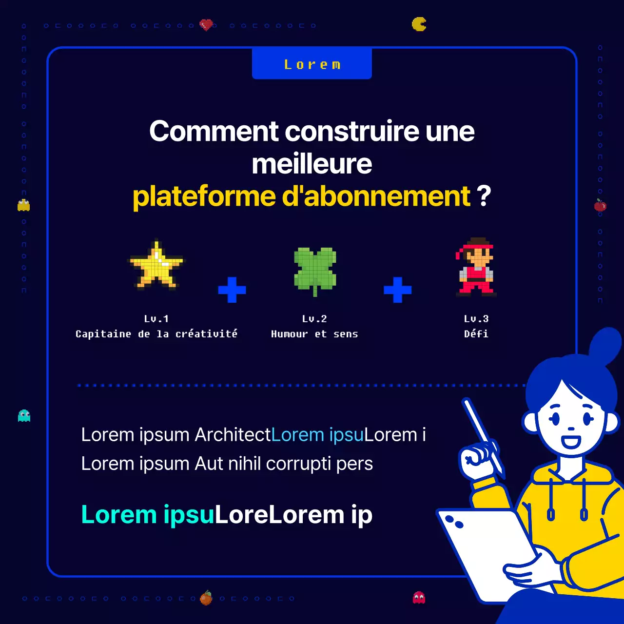 Un jeu de pixels Pac-Man original, amusant et rétro en bleu marine et jaune Appel à de nouvelles idées commerciales pour une entreprise.