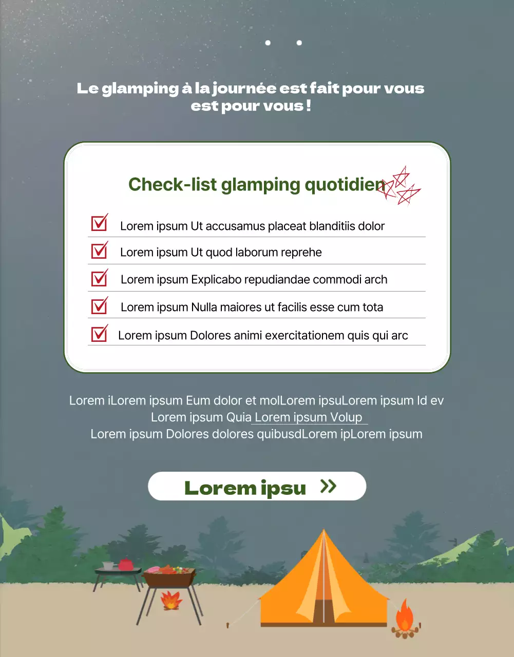 Page détaillée de réservation de camping simple et illustrée en vert