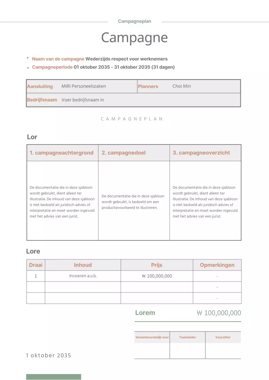Campagneplan in groen met bruine tabelopmaak