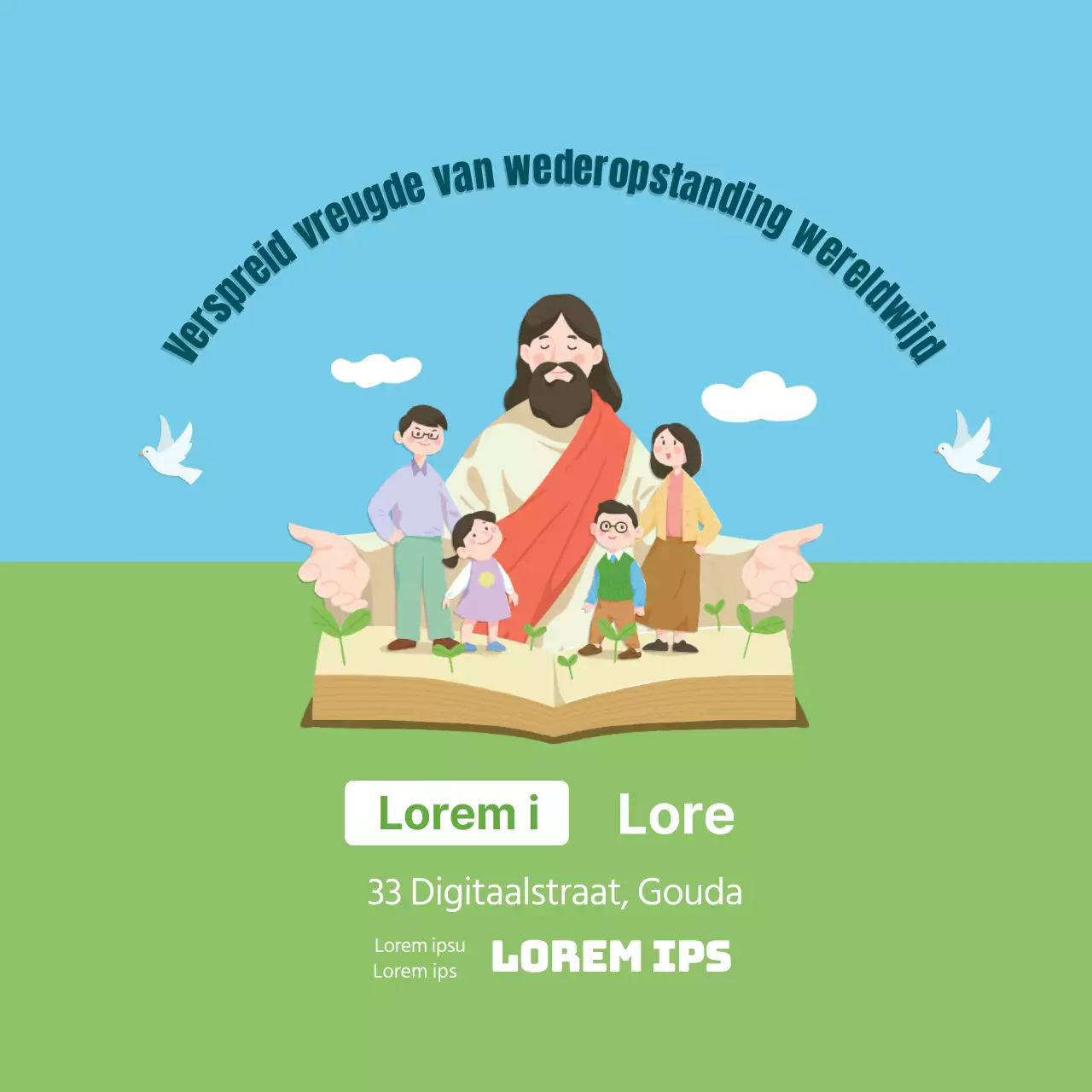 Blauwgroene illustratie nette kerk dankdienst promotieBlauwgroene illustratie nette kerk dankdienst promotie