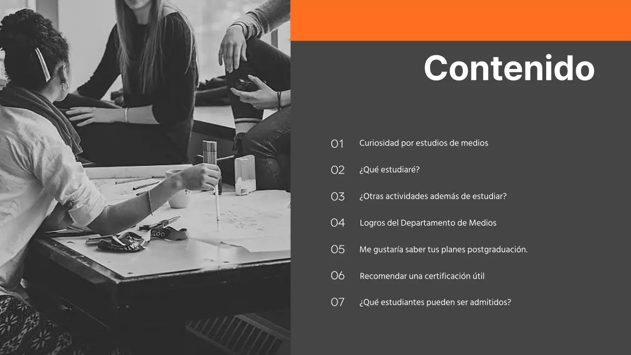 Presentación del departamento de relaciones públicas de la universidad modern grey and orange