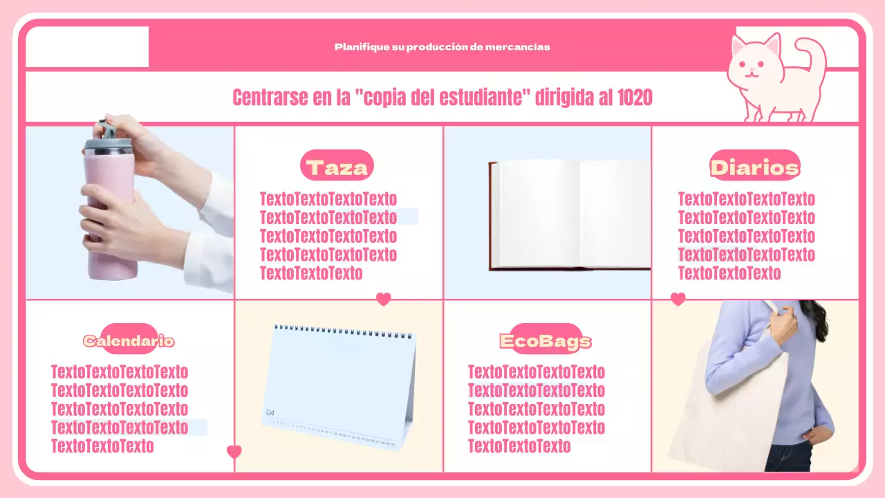 Simpática página de presentación de personajes y productos con fondo rosa a cuadros