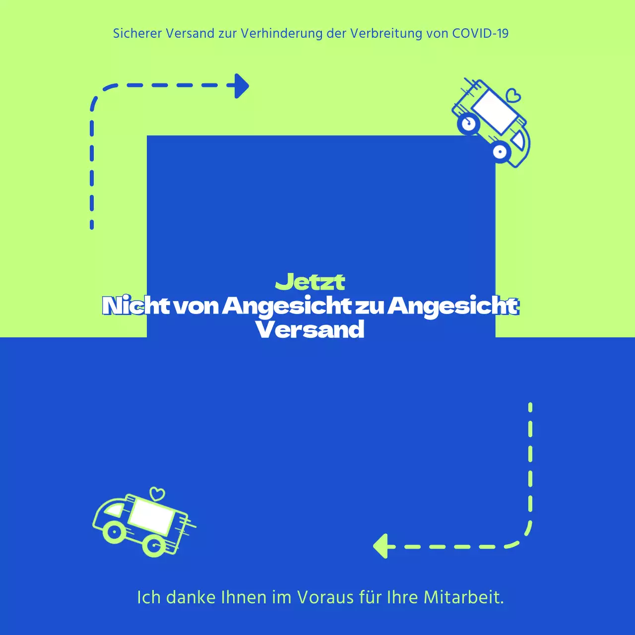 Buntes Banner bei der kontaktlosen Zustellung mit Abbildung eines Kuriers auf chartreuseblauem Hintergrund