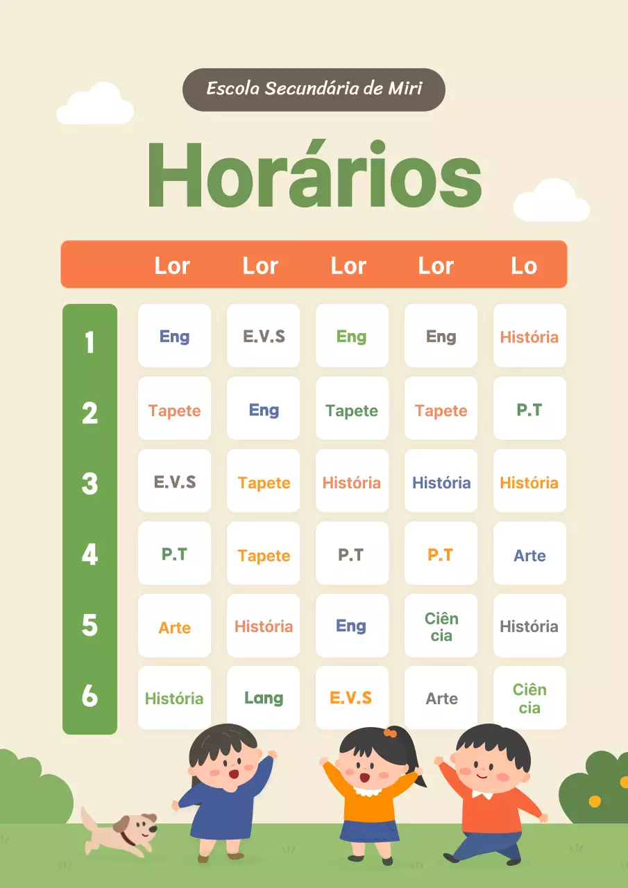 Horário da turma com ilustrações coloridas e engraçadas