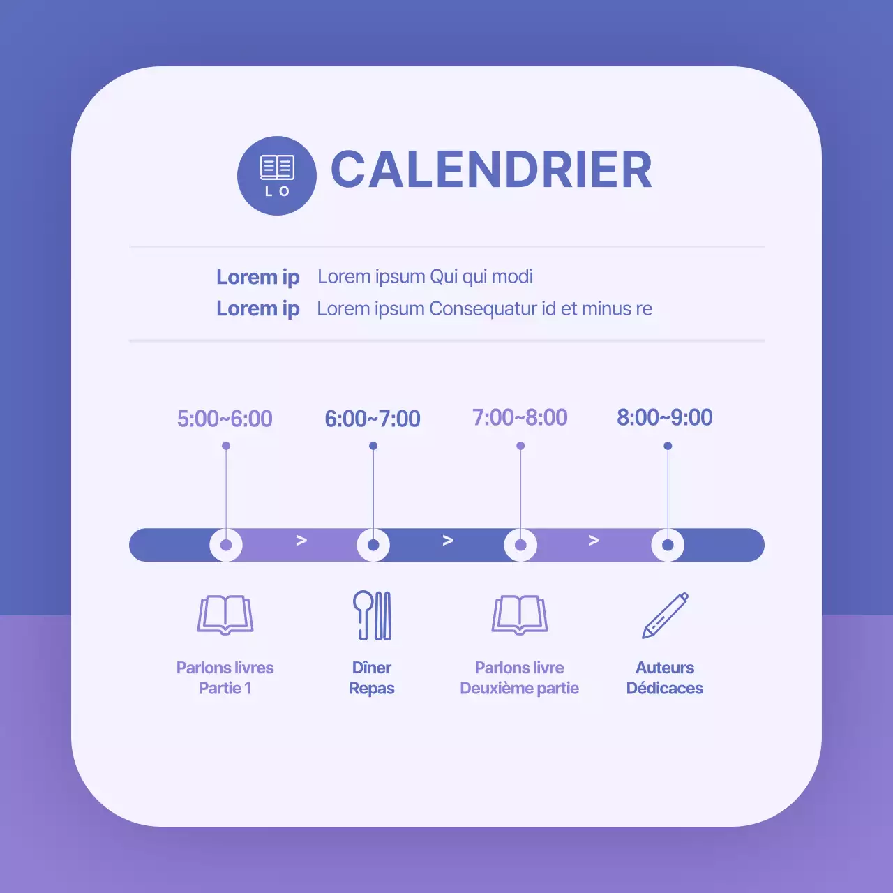 Carte de concert Booktalk en bleu et violetNews design