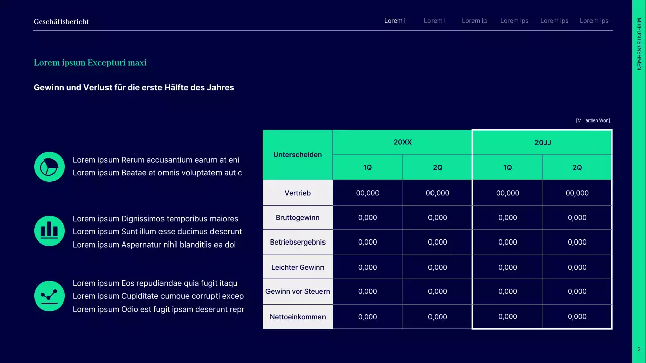 Einfacher Leistungsbericht für das erste Halbjahr mit marineblauen und grünen Kreisen