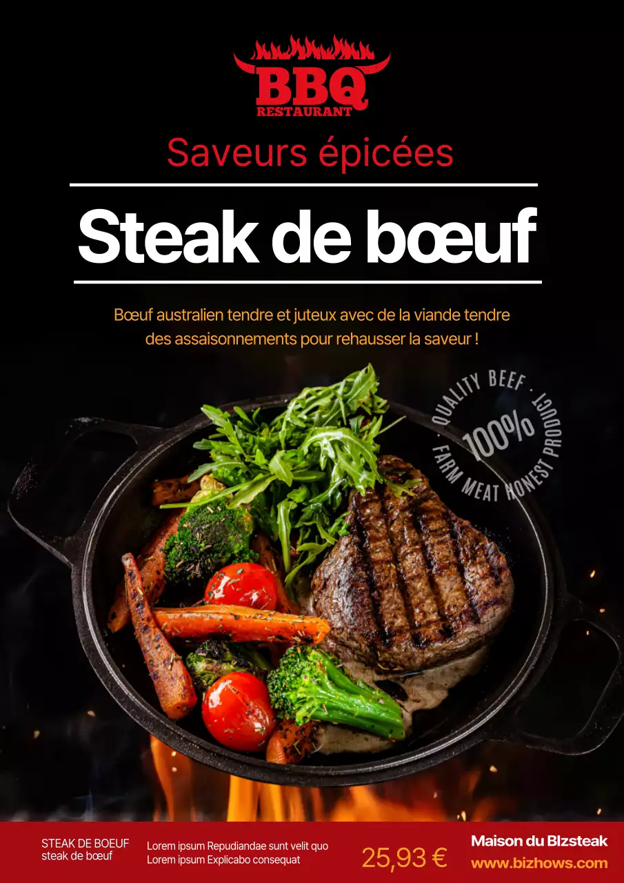 Steak noir ardent BBQ pour la promotion du menu d'un restaurant