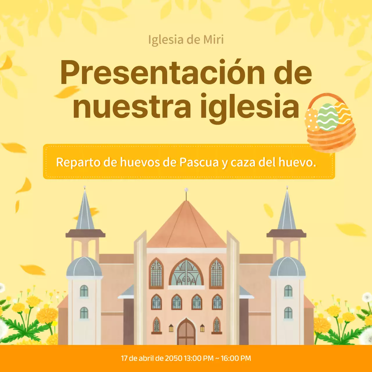 Pascua y la descripción del huevo y la invitación de la iglesia con fondo floral amarillo