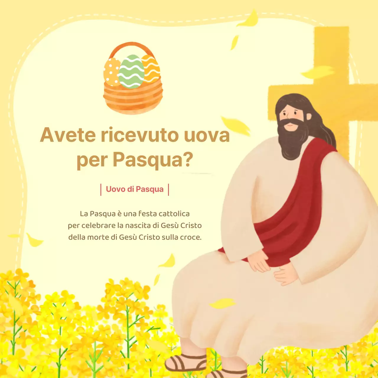 Descrizione di Pasqua e uova e invito in chiesa con sfondo floreale giallo