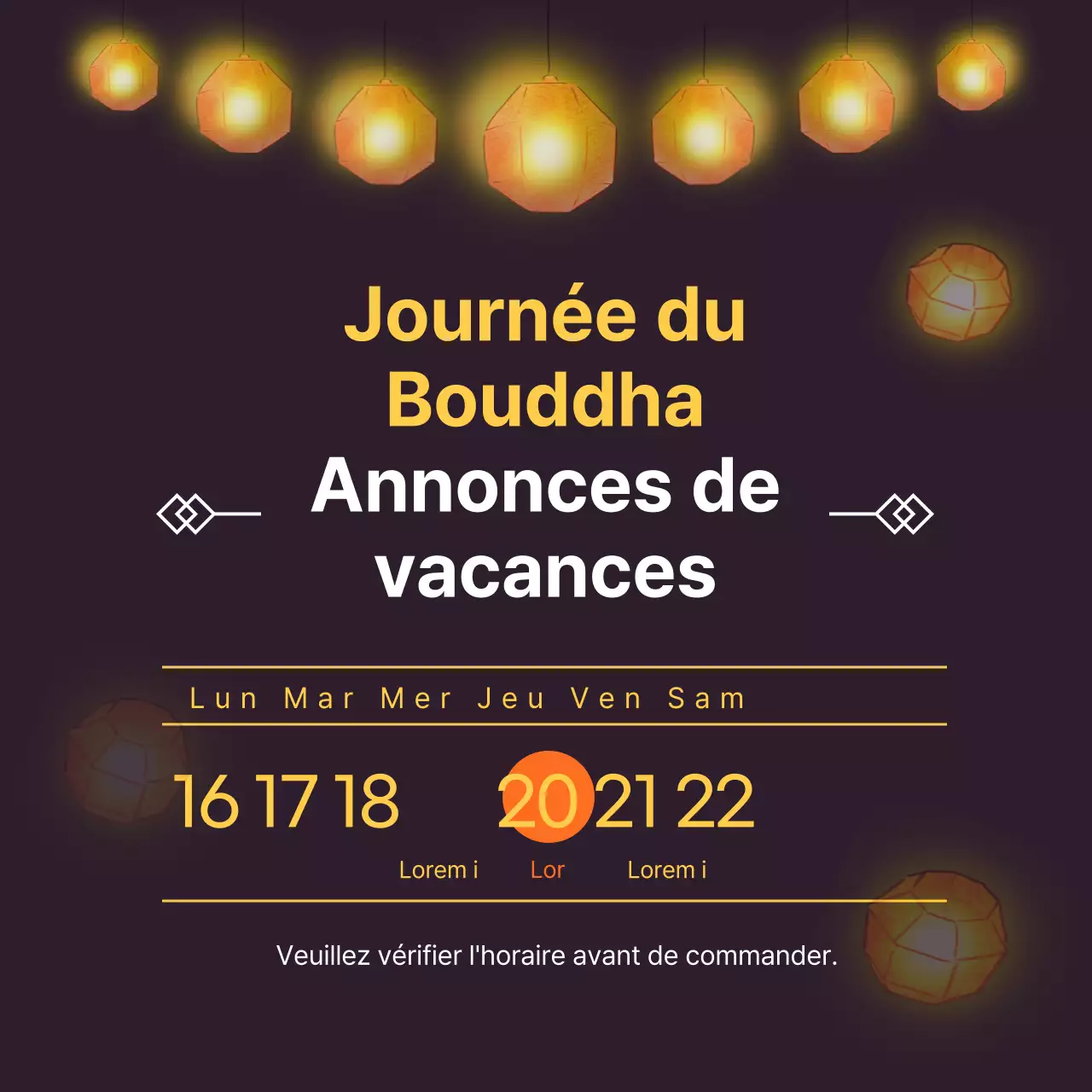 Bannière d'image avec dates de calendrier pertinentes pour une annonce de fermeture de vacances sur fond de lanterne noire