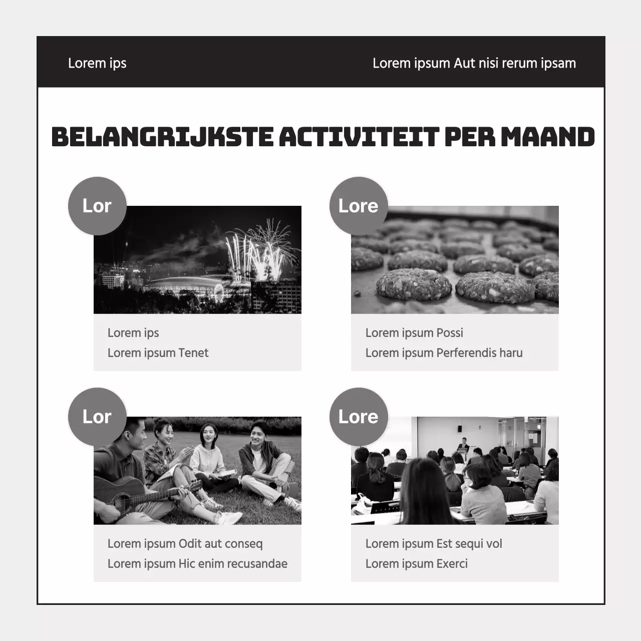 Een eenvoudig grijs en zwart activiteitenverslag van de studentenvereniging