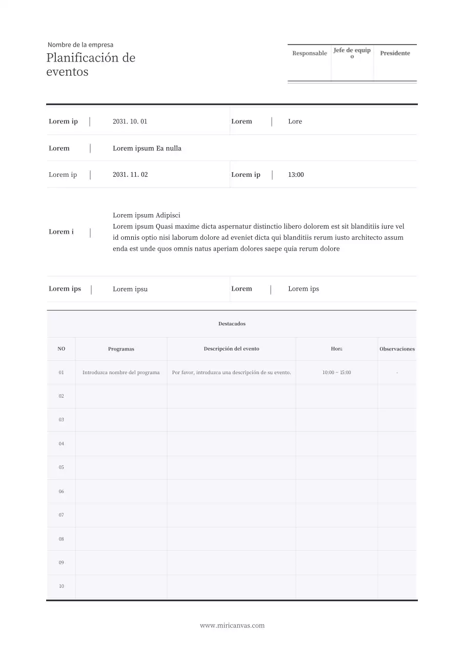 Un sencillo planificador de eventos tabular en azul marino