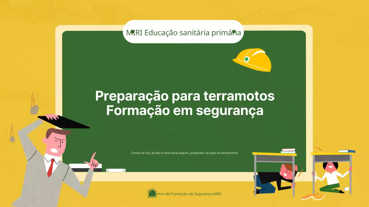 Educação para a segurança na preparação para sismos e catástrofes utilizando ilustrações num conceito de quadro amarelo e verde