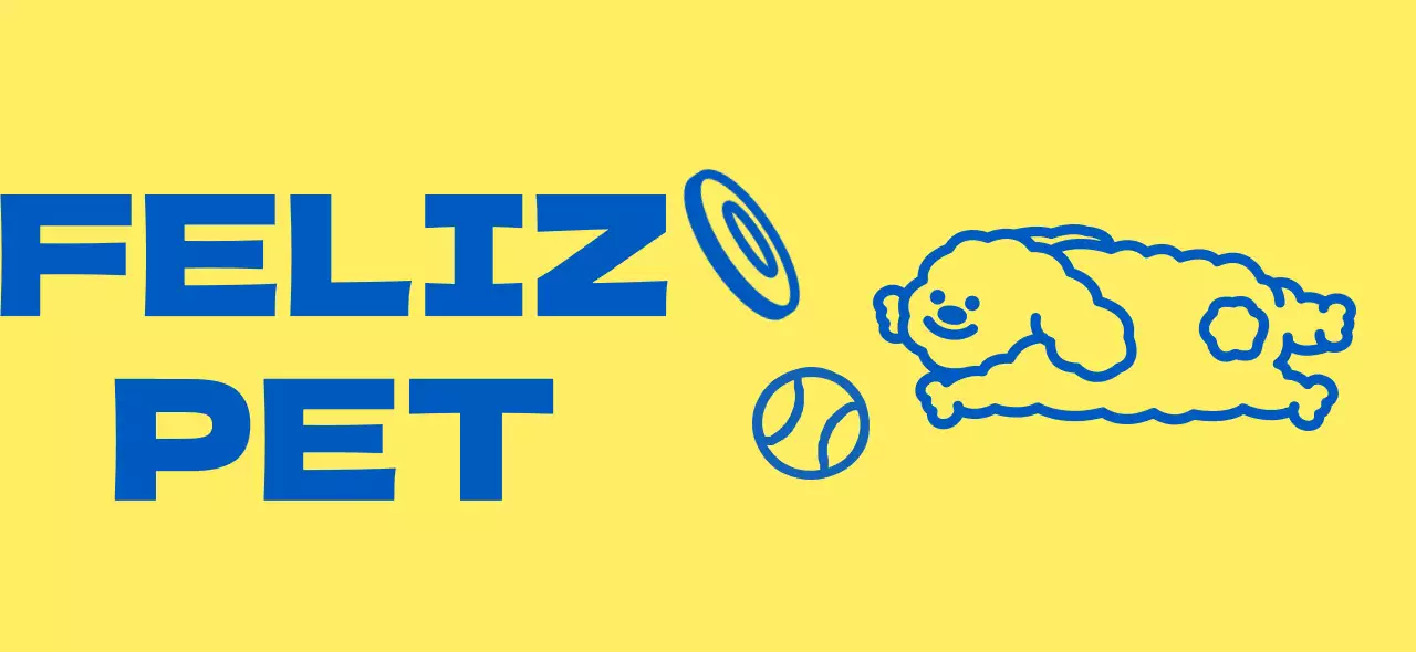 Diseño de tienda de artículos para mascotas con simpáticas ilustraciones amarillas y azules de artículos para perros y cachorros.