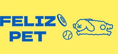 Diseño de tienda de artículos para mascotas con simpáticas ilustraciones amarillas y azules de artículos para perros y cachorros.