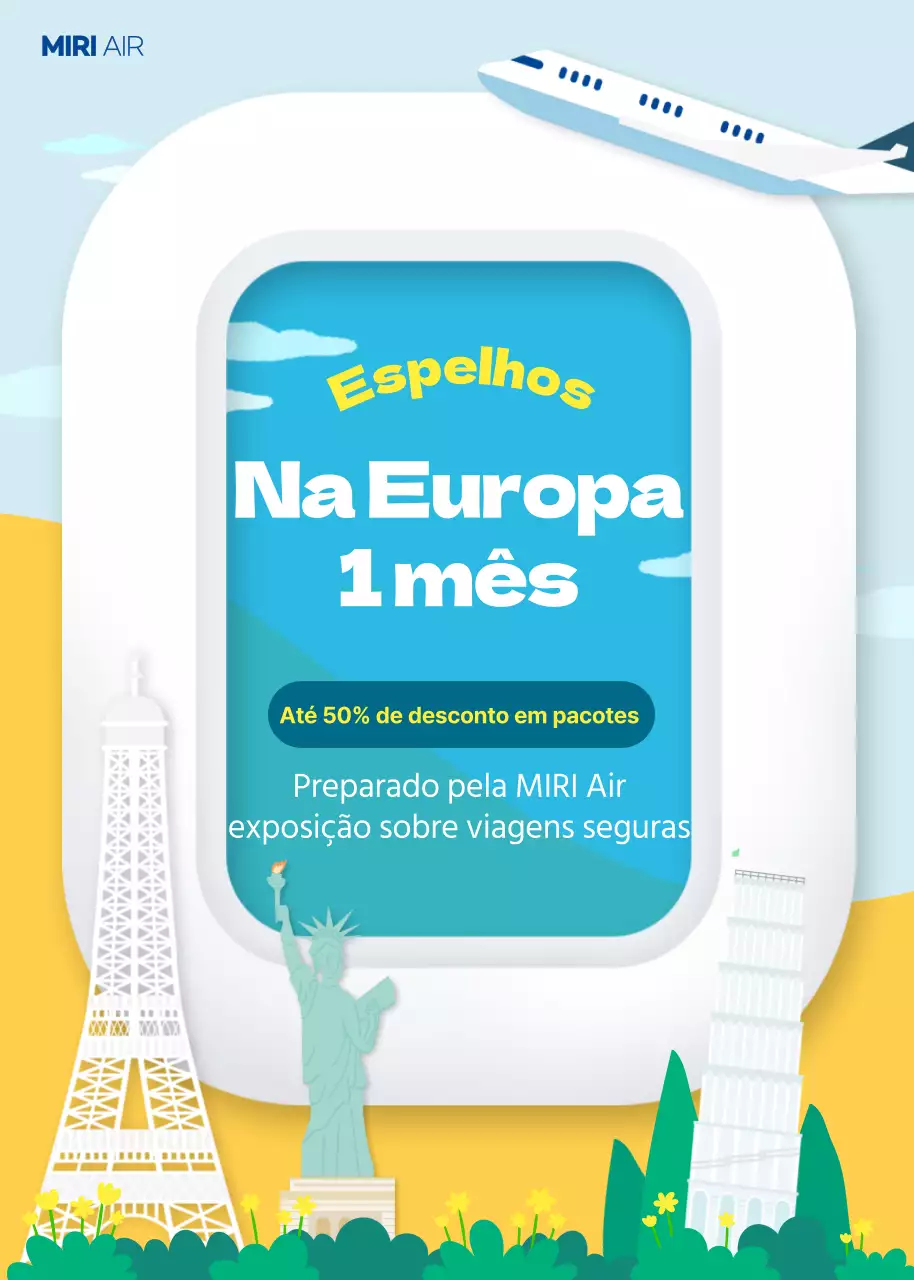 Ilustrações arquitectónicas icónicas num pop-up de evento de desconto de viagem em dois tons de azul e amarelo