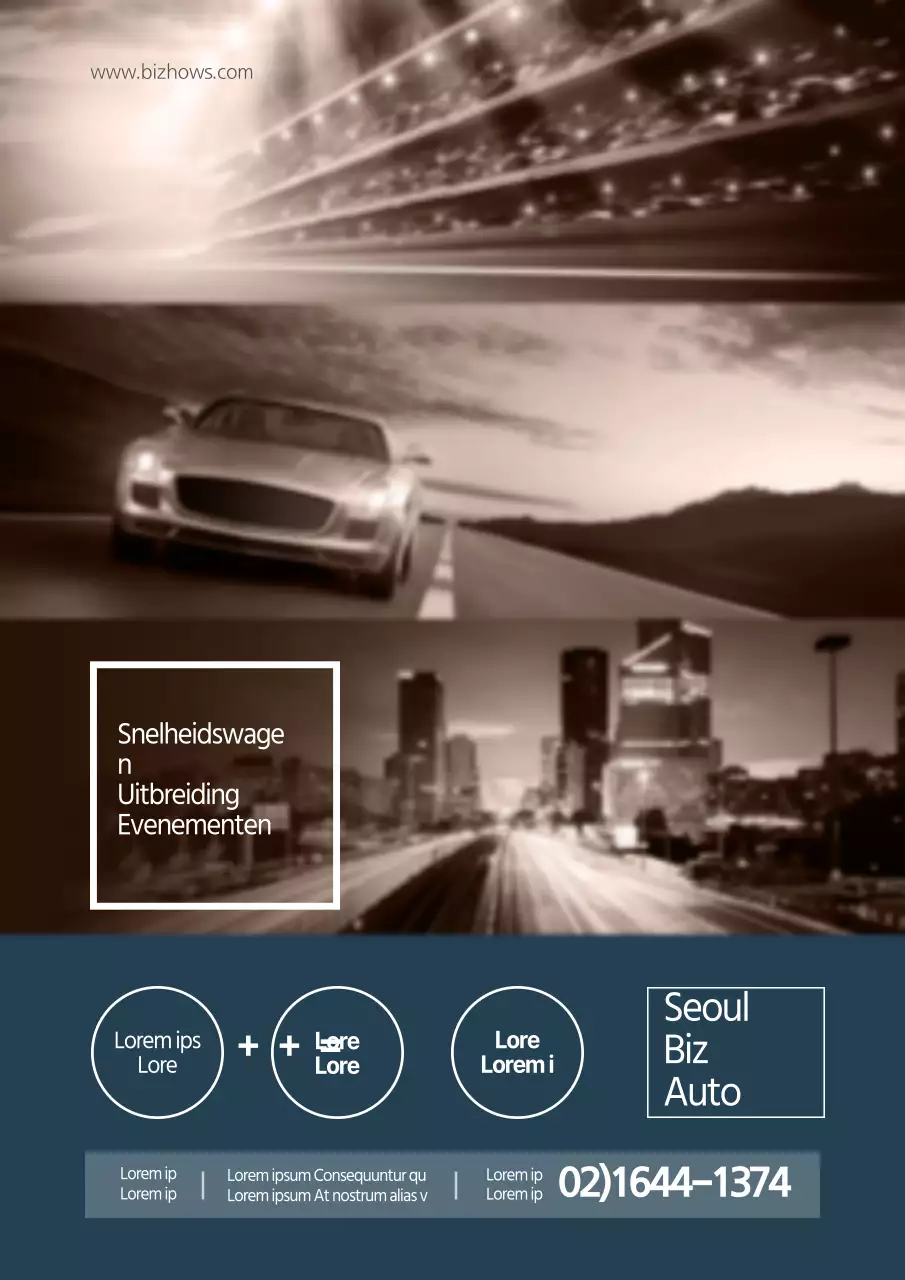 Promoot een evenement met een stijlvolle autodealer met blauwe en bruine autofoto's