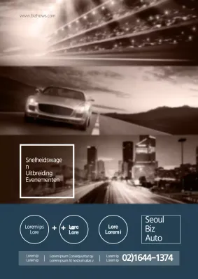 Promoot een evenement met een stijlvolle autodealer met blauwe en bruine autofoto's