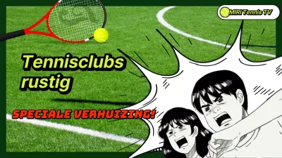 Tennisspecial met komische illustraties op een grasachtige achtergrond