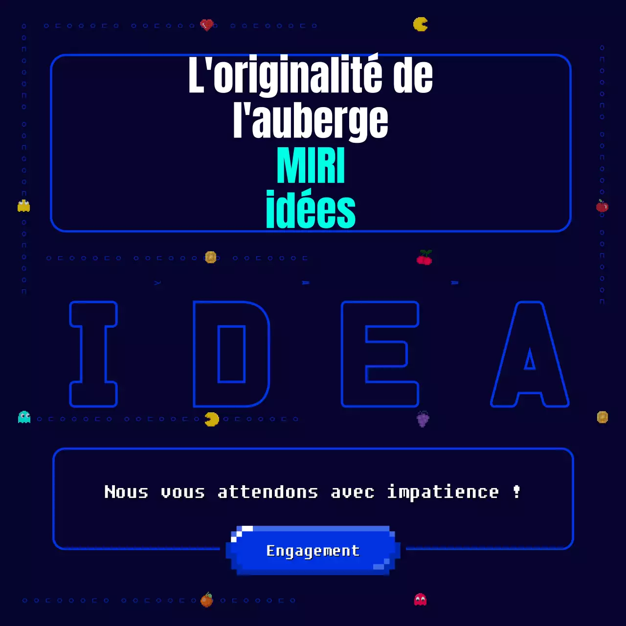 Un jeu de pixels Pac-Man original, amusant et rétro en bleu marine et jaune Appel à de nouvelles idées commerciales pour une entreprise.