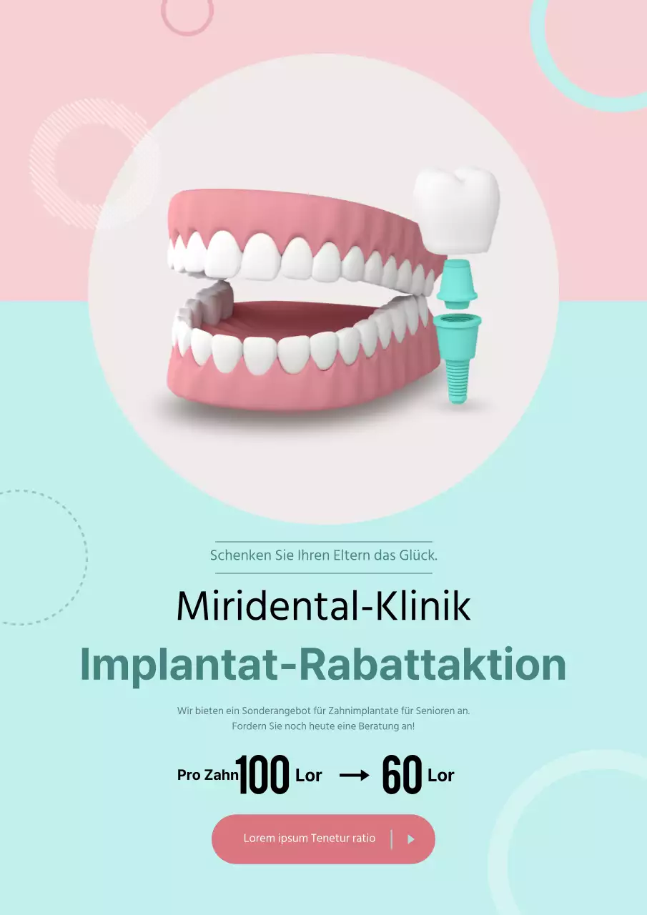 Zahnimplantat-Event mit rosa und mintfarbenen Zahnabbildungen