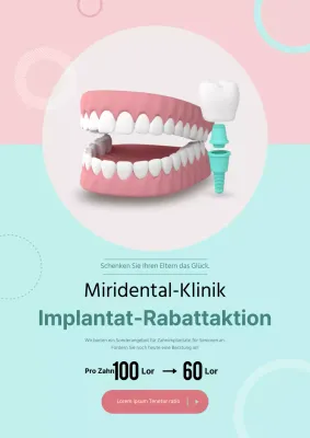 Zahnimplantat-Event mit rosa und mintfarbenen Zahnabbildungen