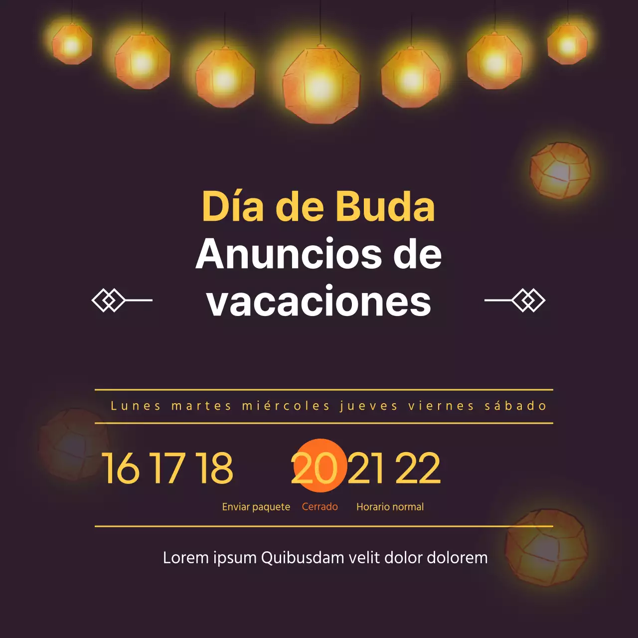 Imagen de pancarta con fechas relevantes del calendario para un anuncio de cierre de vacaciones sobre fondo negro de farolillo